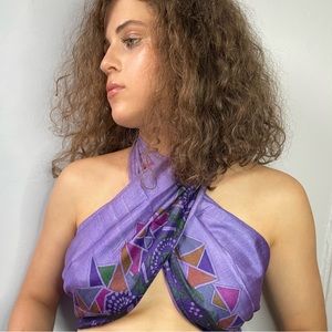 Purple geometric print Vintage handmade silk scarf